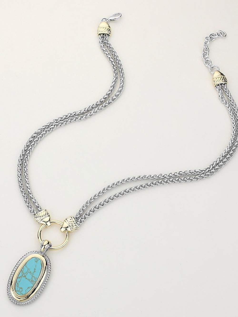 14KGP Two-Tone Silver & Gold Double Chain Necklace with Turquoise Oval Pendant - Picture 2 of 3